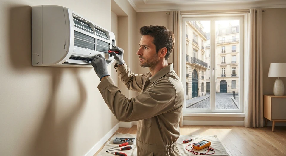 Un technicien en uniforme professionnel r&eacute;parant l'unit&eacute; int&eacute;rieure d'un climatiseur mural dans un int&eacute;rieur r&eacute;sidentiel. Le technicien utilise des outils et effectue une maintenance ou r&eacute;paration. La sc&egrave;ne doit montrer clairement l'action de d&eacute;pannage/r&eacute;paration d'un climatiseur dans un environnement domestique pour transmettre la r&eacute;activit&eacute; et le professionnalisme du service.