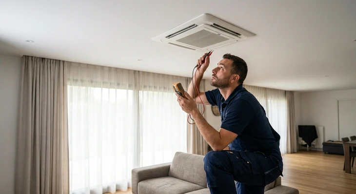 Plafond technique industriel avec système de climatisation cassette encastré, conduits de ventilation métalliques apparents et éclairage sur rails