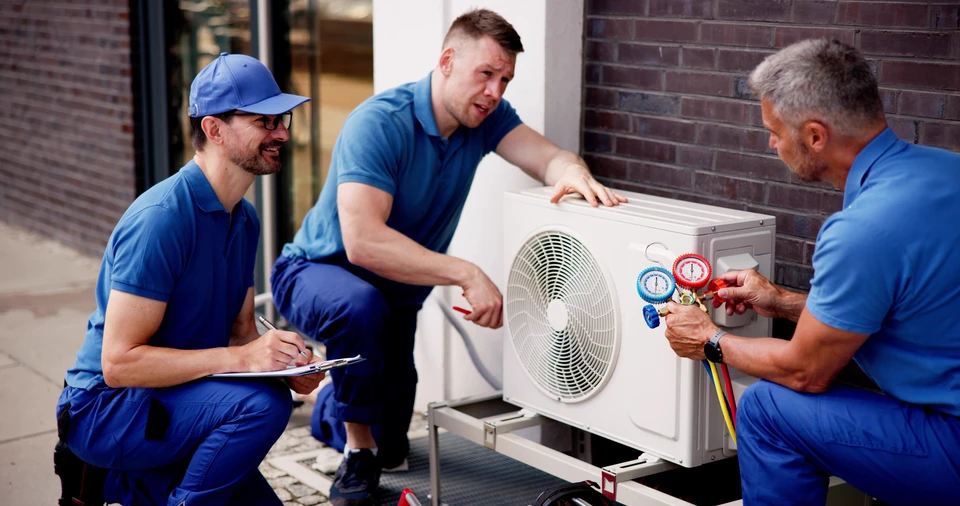 Électricien Professionnel Dirigeant Équipe au service de maintenance HVAC : Installation d'un climatiseur commercial avec technicien qualifié et appareil de contrôle