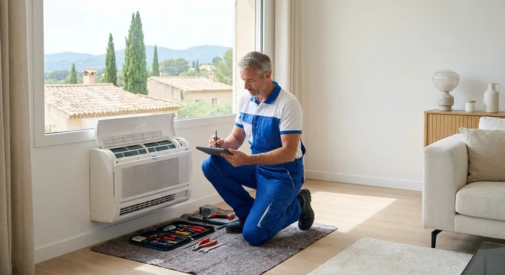 Technicien en combinaison blanche effectue la maintenance d'une unité de climatisation murale split
