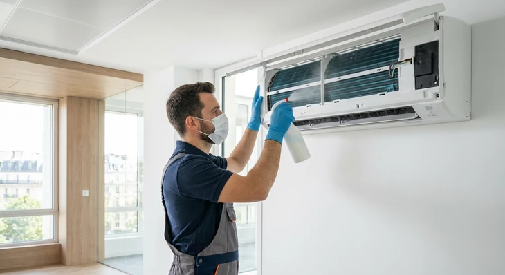 Homme en chemise grise et gants bleus effectuant la maintenance sur l'unité de climatisation dans l'environnement intérieur moderne pour une efficacité de refroidissement optimale et une amélioration de la qualité de l'air pur