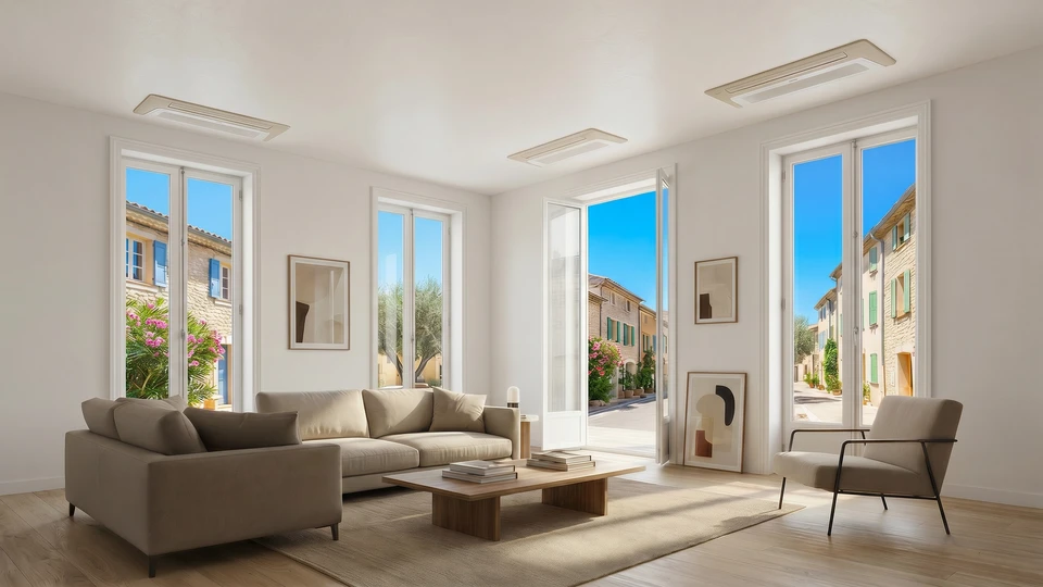 Intérieur résidentiel contemporain montrant un salon ou une chambre élégante avec murs clairs, mobilier moderne et harmonie décorative. Au plafond ou sur les murs, discrets petites grilles ou bouches de ventilation blanc ou beige intégrées discrètement à la décoration intérieure, illustrant la climatisation gainable invisible mais fonctionnelle. L'accent doit être sur l'esthétique épurée de l'espace et le confort sans que l'équipement technique ne soit envahissant.